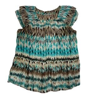 Signature by Larry Levine Woman 2X Blouse Teal Brown Abstract Flutter Sleeve